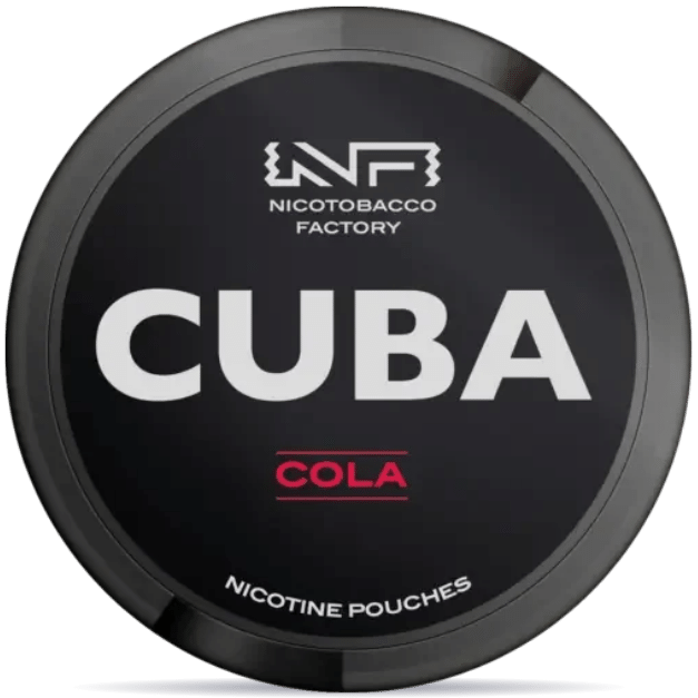 Front view of a can of CUBA Black Cola nicotine pouches