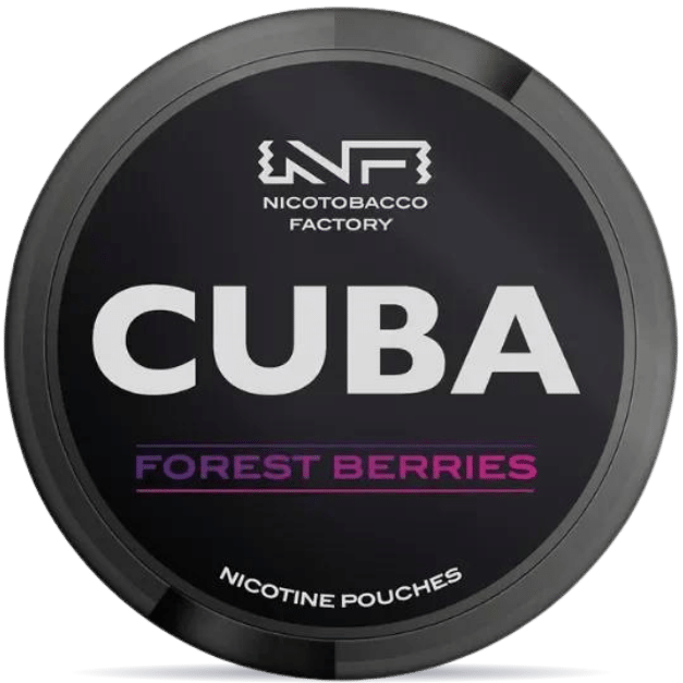 Front view of a can of CUBA Black Forest Berries nicotine pouches