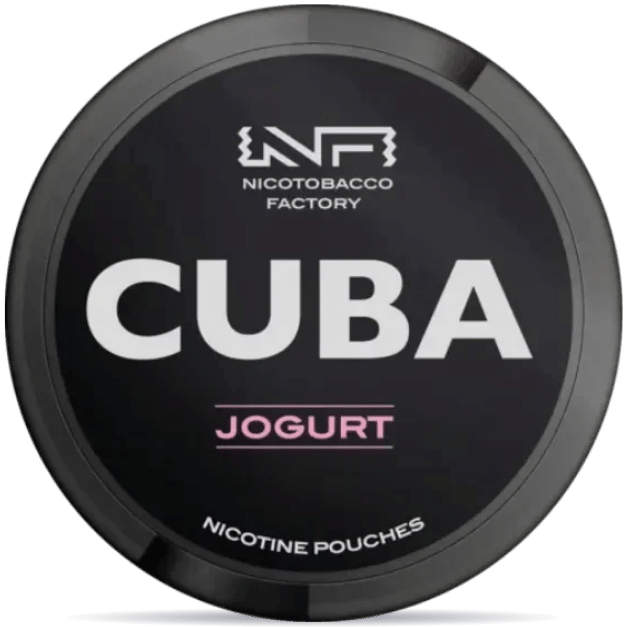 Front view of a can of CUBA Black Jogurt nicotine pouches