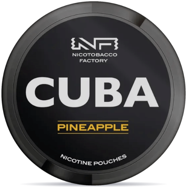 Front view of a can of CUBA Black Pineapple nicotine pouches