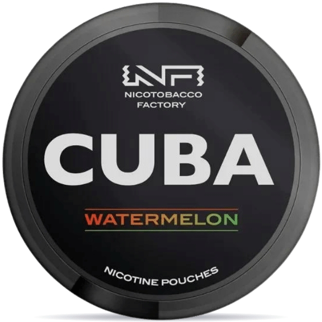 Front view of a can of CUBA Black Watermelon nicotine pouches