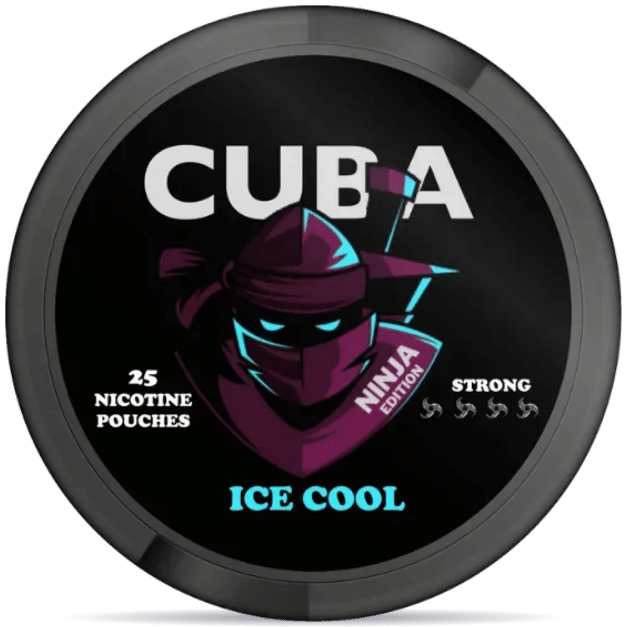 Front view of a can of CUBA Ninja Ice Cool nicotine pouches