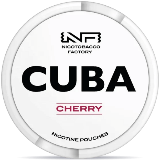 Front view of a can of CUBA White Cherry 4mg nicotine pouches