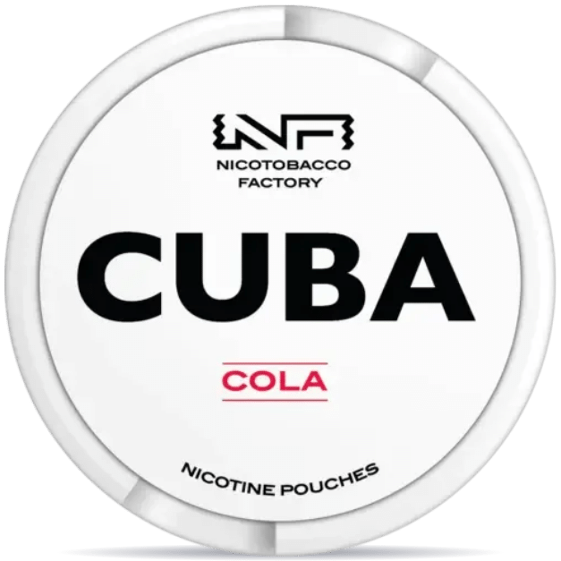 Front view of a can of CUBA White Cola 4mg nicotine pouches