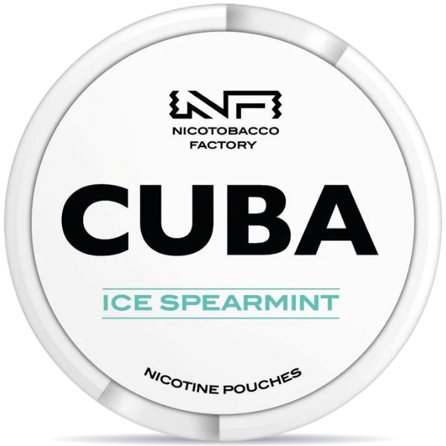 Front view of a can of CUBA White Ice Spearmint nicotine pouches