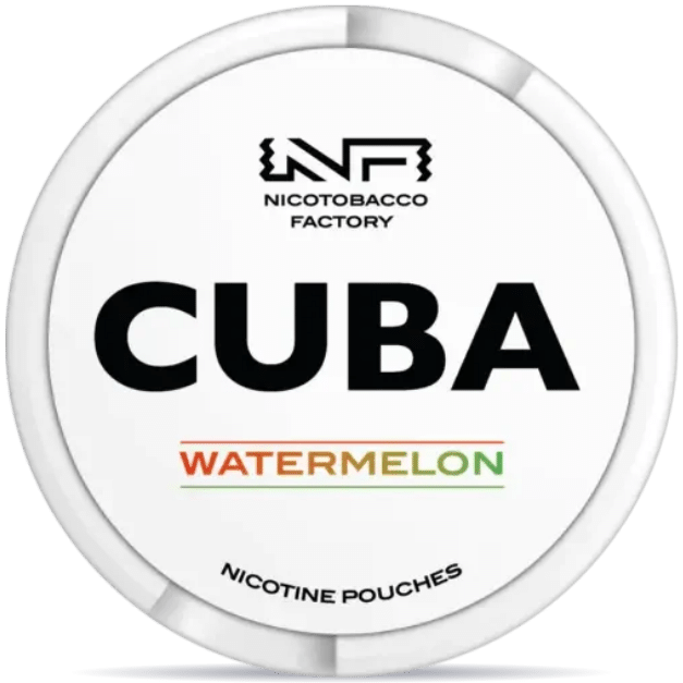 Front view of a can of CUBA White Watermelon nicotine pouches