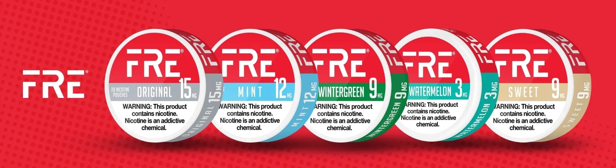 FRE nicotine pouches lineup with Mint, Wintergreen, Watermelon and Sweet flavors on red background