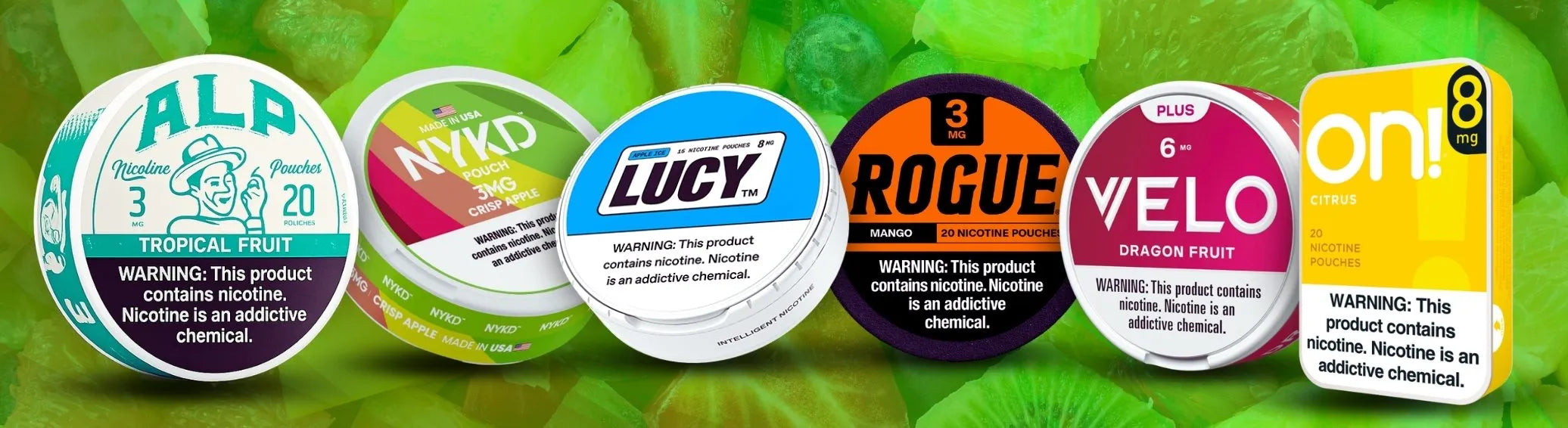 Fruity Nicotine Pouches USA at GotPouches featuring ALP, NYKD, LUCY, ROGUE, VELO and ON! fruit flavored pouch cans in multiple nicotine strengths