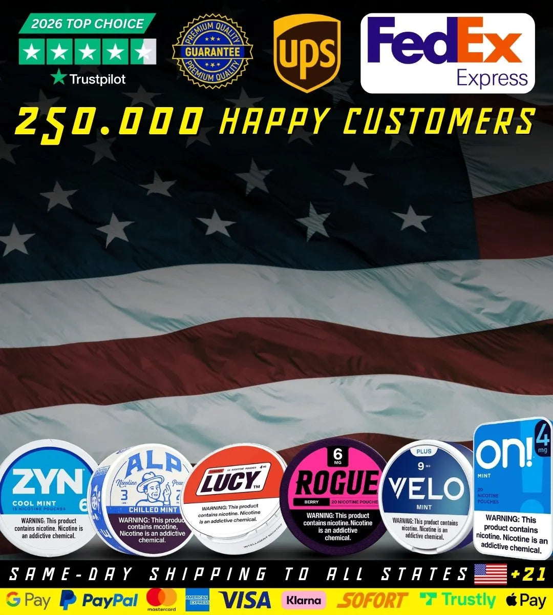 GotPouches USA nicotine pouches homepage banner featuring ZYN, ALP, LUCY, ROGUE, VELO and ON! with same-day shipping to all states and 250,000 happy customers