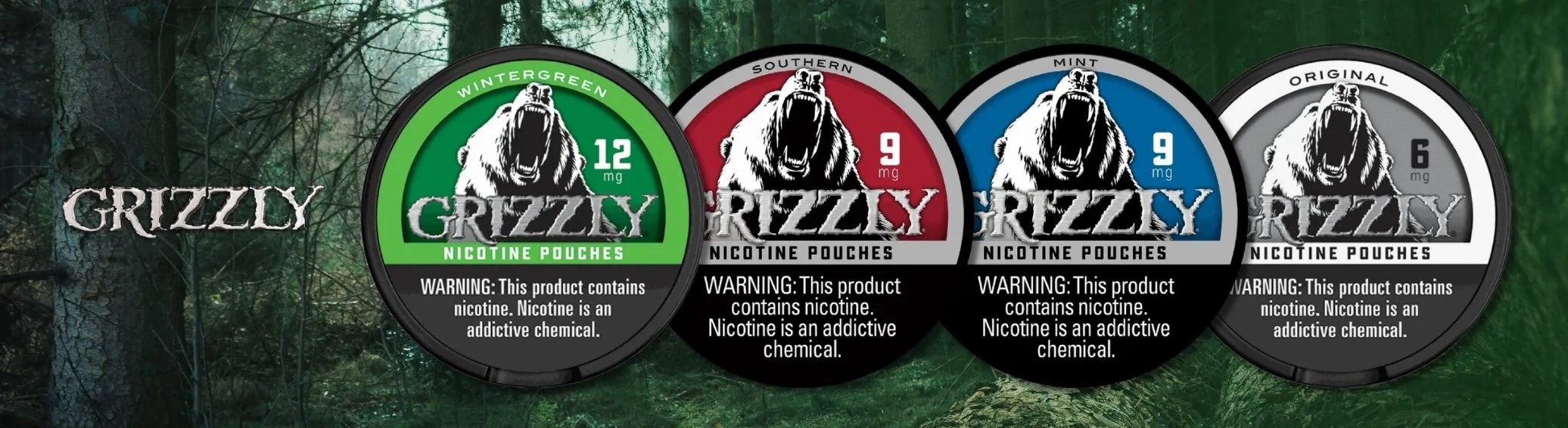 Grizzly nicotine pouches lineup with Wintergreen, Mint and Original flavors on forest background