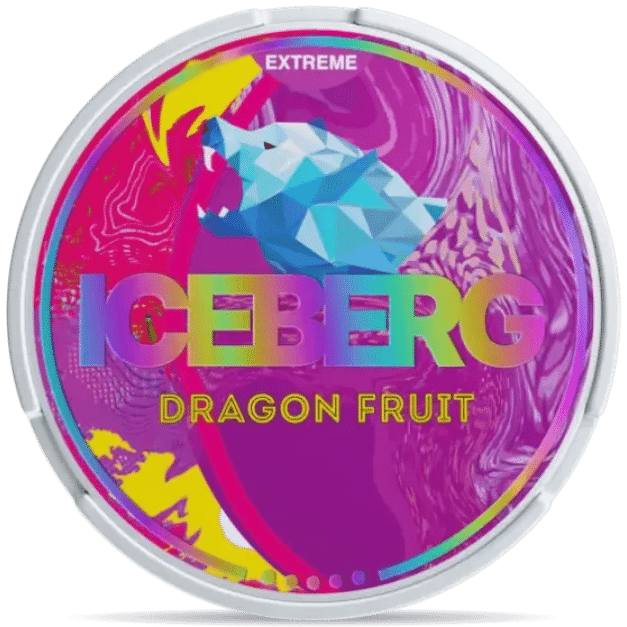 Front view of a can of ICEBERG Dragon Fruit Extreme Slim 50mg nicotine pouches