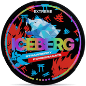 Front view of a can of ICEBERG Strawberry Pomegrante Extreme nicotine pouches