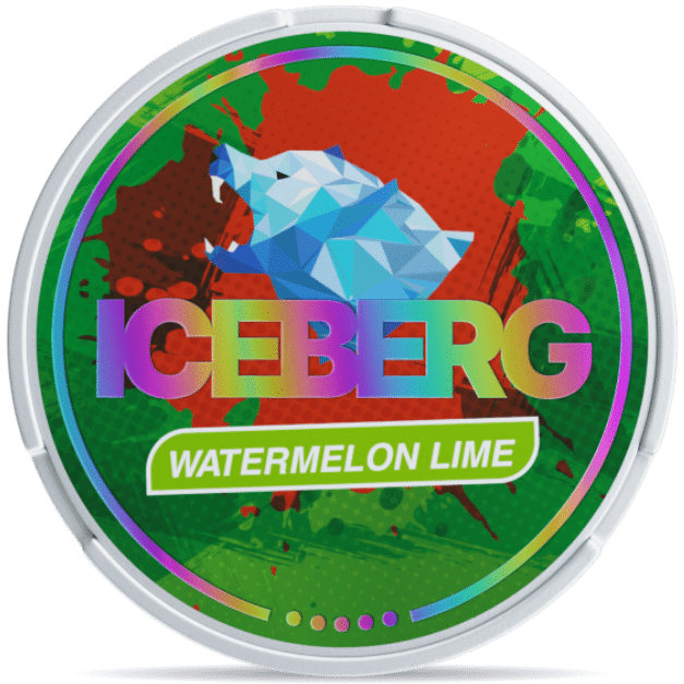 Front view of a can of ICEBERG Watermelon Lime Extreme 50mg nicotine pouches