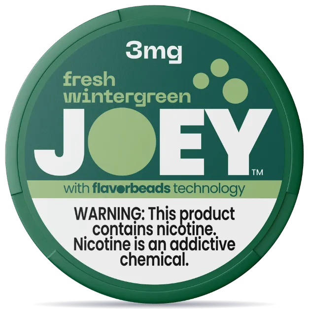 JOEY Fresh Wintergreen 3mg nicotine pouches can with FlavorBeads technology