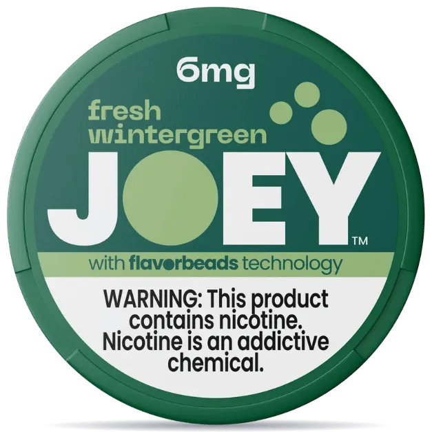 JOEY Fresh Wintergreen 6mg nicotine pouches can with FlavorBeads technology