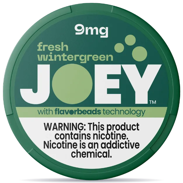 JOEY Fresh Wintergreen 9mg nicotine pouches can with FlavorBeads technology