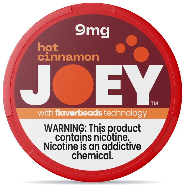 JOEY Hot Cinnamon 9mg nicotine pouches can with FlavorBeads technology