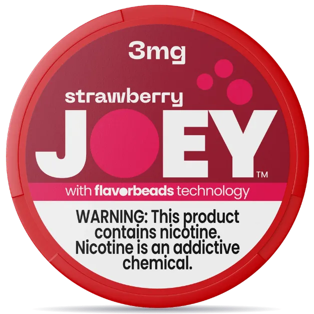 JOEY Strawberry 3mg nicotine pouches can with FlavorBeads technology