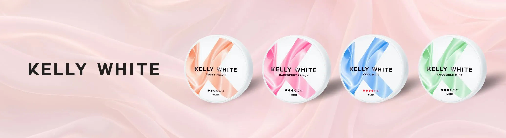 Kelly White nicotine pouches banner showing Sweet Peach, Raspberry Lemon, Cool Mint and Cucumber Mint flavors