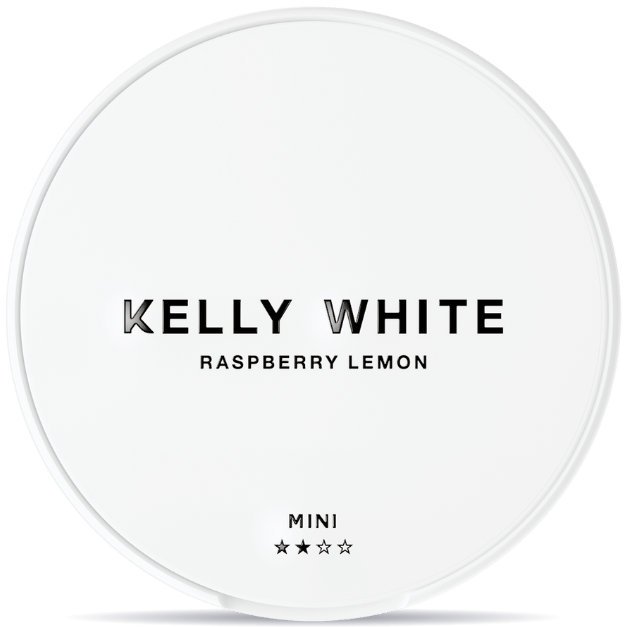 Front view of a can of KELLY WHITE Raspberry Lemon Mini nicotine pouches