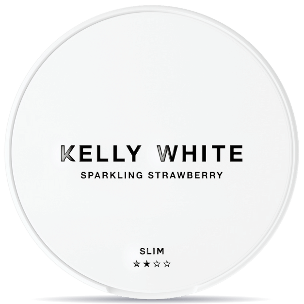 Front view of a can of KELLY WHITE Sparkling Strawberry Slim nicotine pouches