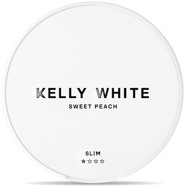 Front view of a can of KELLY WHITE Sweet Peach Slim 3,6mg nicotine pouches