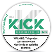 Kick Peppermint nicotine pouches 6 mg slim all white peppermint flavor made in Europe