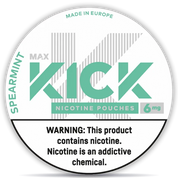Kick Spearmint nicotine pouches 6 mg slim all white spearmint flavor made in Europe
