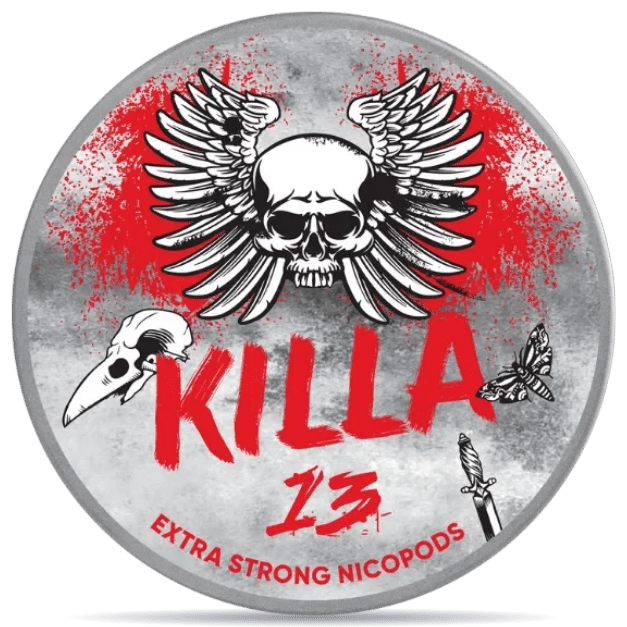 Front view of a can of KILLA 13 Extra Strong Slim nicotine pouches