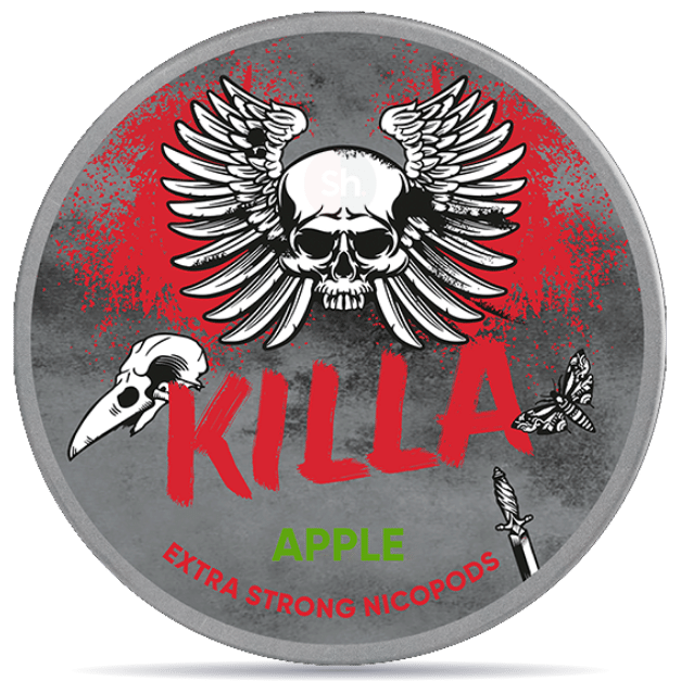 Front view of a can of KILLA Apple Extra Strong Slim nicotine pouches