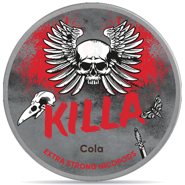 Front view of a can of KILLA Cola Extra Strong nicotine pouches