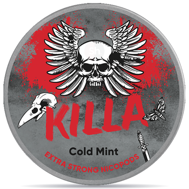 Front view of a can of KILLA Cold Mint nicotine pouches