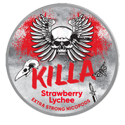 Front view of a can of KILLA Strawberry Lychee nicotine pouches