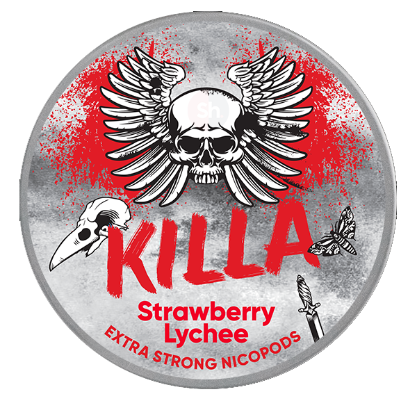 Front view of a can of KILLA Strawberry Lychee nicotine pouches