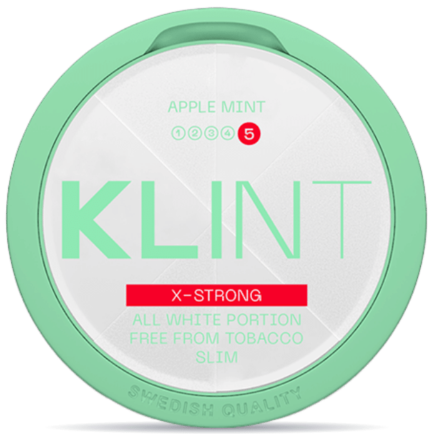 Front view of a can of KLINT Apple Mint #5 X-strong Slim nicotine pouches