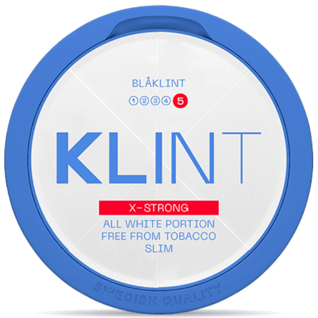 Front view of a can of KLINT Blåklint #5 Extra Strong Slim nicotine pouches