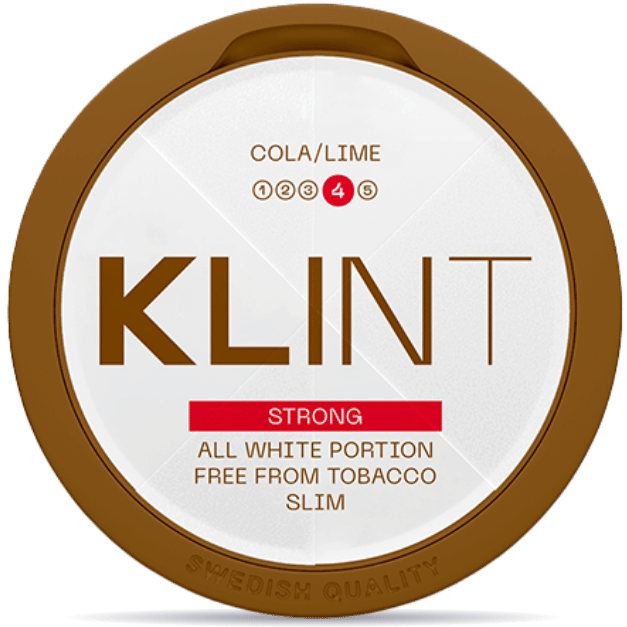 Front view of a can of KLINT Cola Lime #4 Extra Strong Slim nicotine pouches