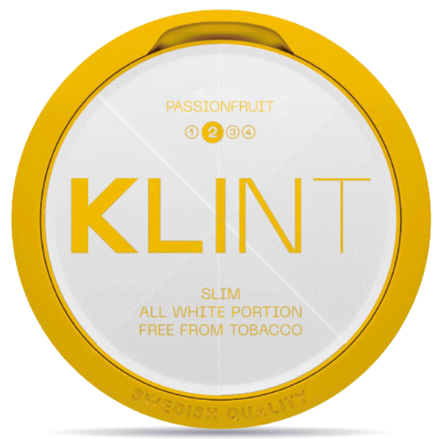 Front view of a can of KLINT Passionfruit #2 Slim nicotine pouches