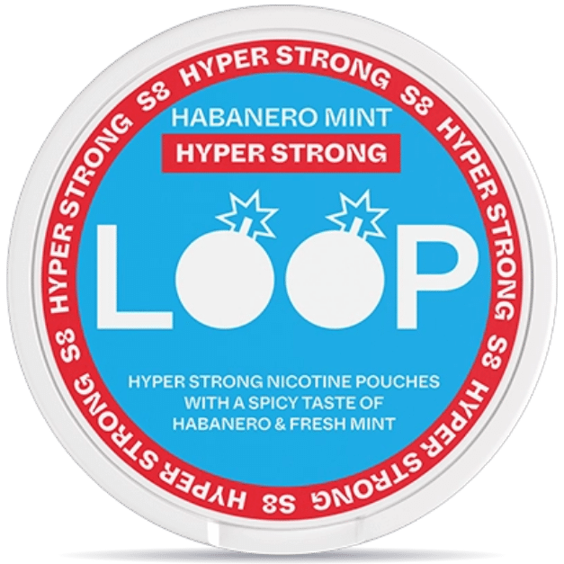 Front view of a can of LOOP Habanero Mint Hyper Strong nicotine pouches