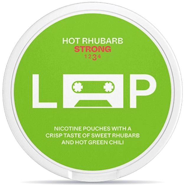 Front view of a can of LOOP Hot Rhubarb Strong nicotine pouches