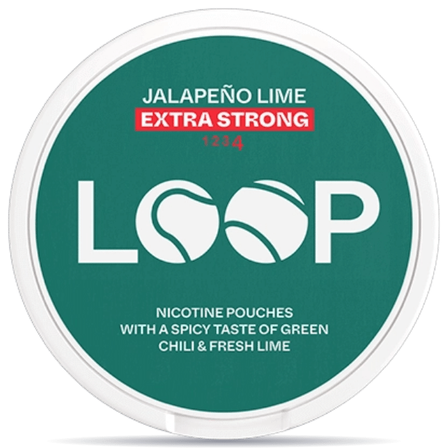 Front view of a can of LOOP Jalapeno Lime Slim Extra Strong nicotine pouches