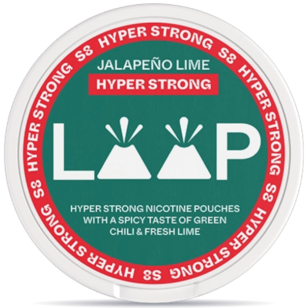 Front view of a can of LOOP Jalapeno Lime Hyper Strong nicotine pouches