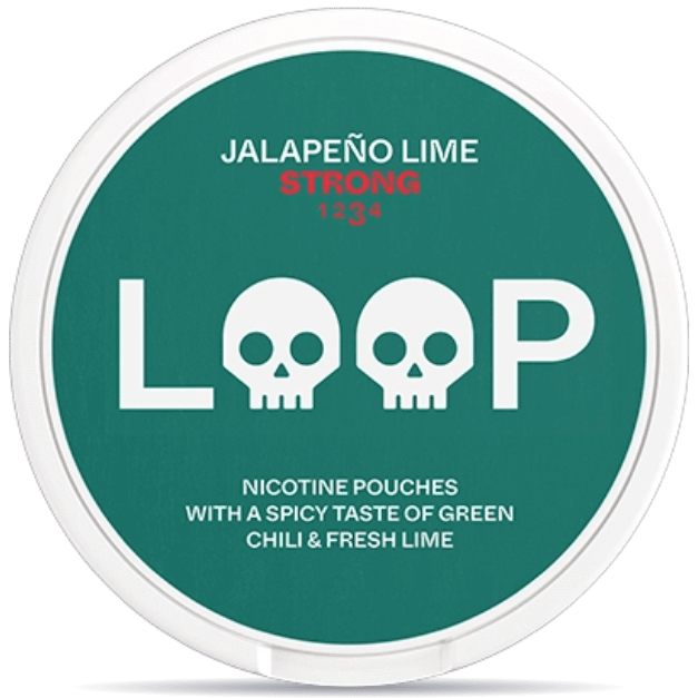 Front view of a can of LOOP Jalapeno Lime Slim Strong nicotine pouches