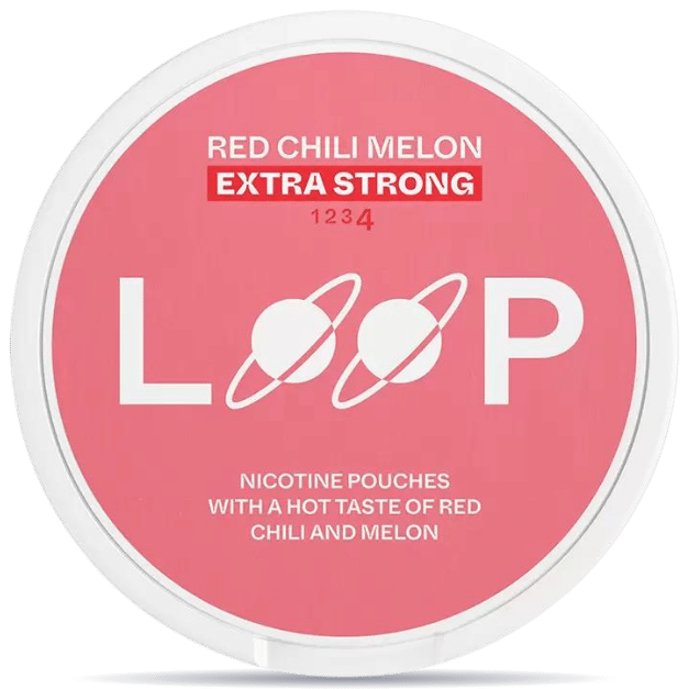 Front view of a can of LOOP Red Chili Melon Extra Strong Slim nicotine pouches