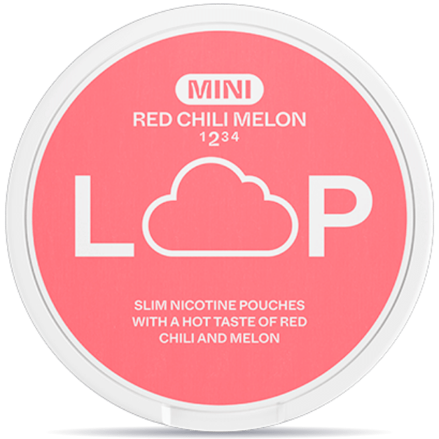 Front view of a can of LOOP Red Chili Mini nicotine pouches