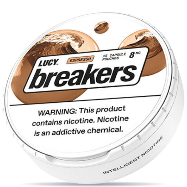 Lucy Breakers Espresso 8mg nicotine pouches can – tobacco-free, 15 capsule pouches, coffee flavor