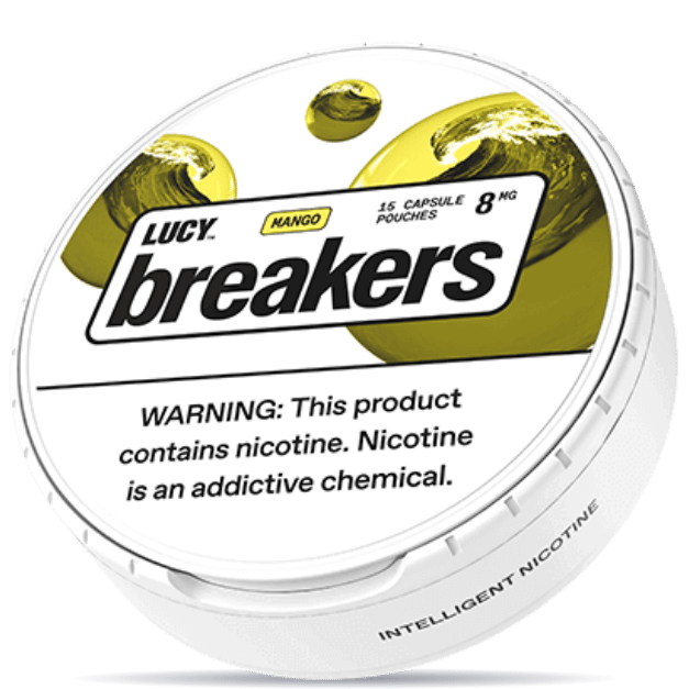 Lucy Breakers Mango 8mg nicotine pouches can – tobacco-free, 15 capsule pouches, mango flavor