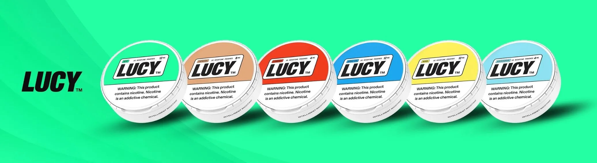 Lucy nicotine pouches colorful lineup with multiple flavors on green gradient background