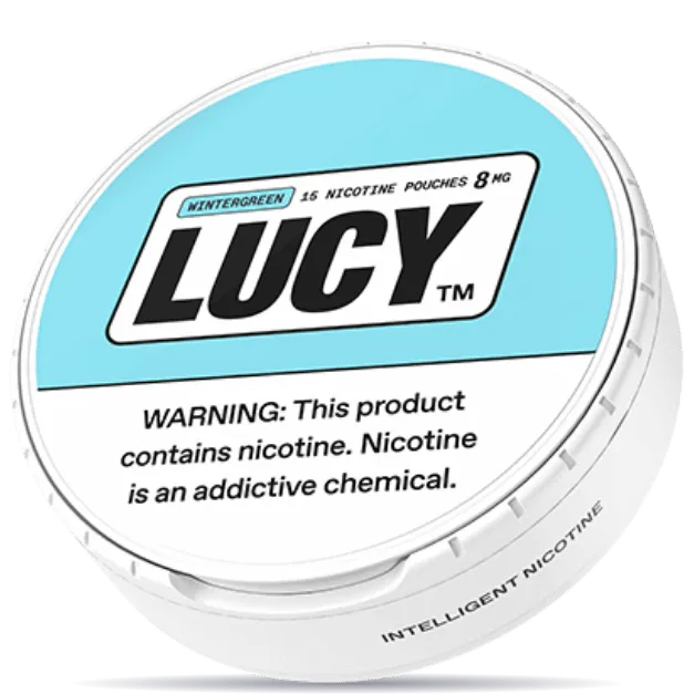 Lucy Wintergreen 8mg nicotine pouches can – tobacco-free, 15 pouches, wintergreen flavor