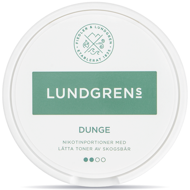 Front view of a can of Lundgrens Dunge nicotine pouches